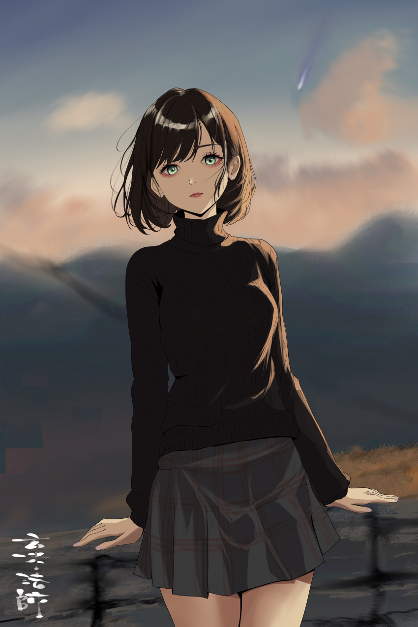 1girl absurdres black_hair bob_cut comet genmaihoshi green_eyes highres looking_at_viewer medium_hair original outdoors pleated_skirt skirt solo sweater turtleneck turtleneck_sweater