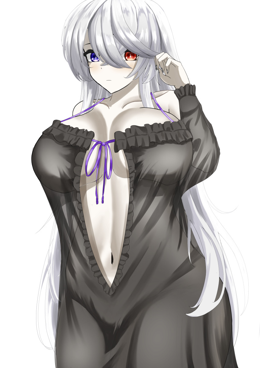 1girl absurdres atelier_(series) atelier_ryza bare_shoulders black_nightgown blue_eyes breasts closed_mouth colored_skin copyright_request frilled_nightgown hand_up heterochromia highres huge_breasts large_breasts lila_decyrus lila_decyrus_(moonlit_encounter) long_bangs long_hair looking_at_viewer nightgown official_alternate_costume osasa_(osasabeaf) pale_skin red_eyes simple_background sleepwear standing very_long_hair white_background white_hair white_skin