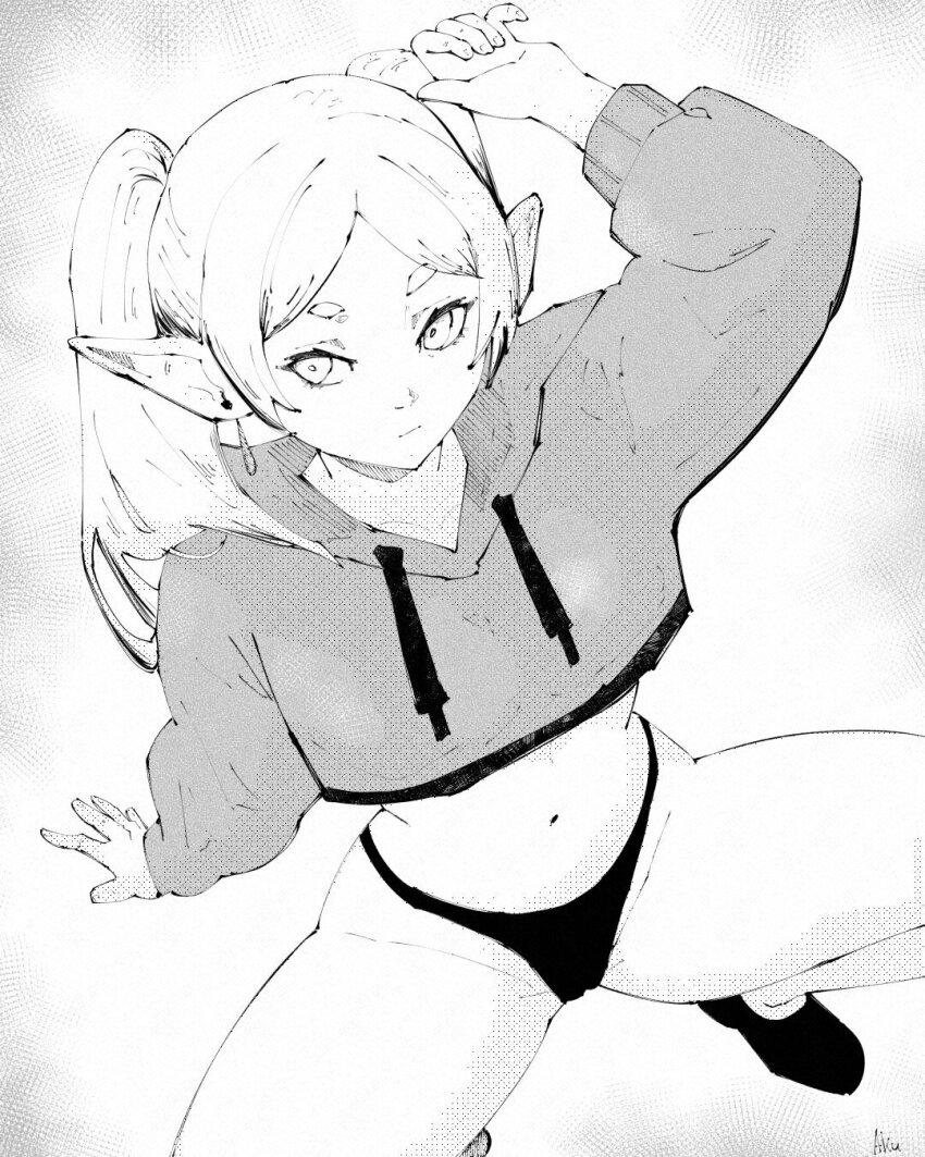 1girl arms_up black_panties crop_top earrings eyebrows eyelashes frieren jewelry looking_to_the_side miregeist monochrome nails navel panties pointy_ears shirt shoes simple_background sousou_no_frieren squatting thick_eyebrows twintails underwear white_background white_hair