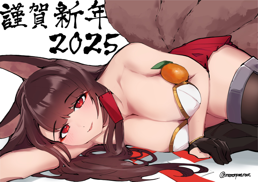 1girl 2025 :d absurdres akagi_(azur_lane) animal_ears arm_up azur_lane bare_shoulders black_gloves black_kimono blush breasts brown_hair cleavage commentary_request eyeshadow fox_ears fox_girl fox_tail gloves hair_ornament hairclip head_on_arm highres hip_focus japanese_clothes kimono kitsune large_breasts long_hair looking_at_viewer looking_up lying makeup miniskirt multiple_tails nocturnal_melonpan on_side open_mouth orange_eyes parted_lips pleated_skirt red_eyes red_eyeshadow red_skirt skirt slit_pupils smile solo tail thighs translation_request very_long_hair