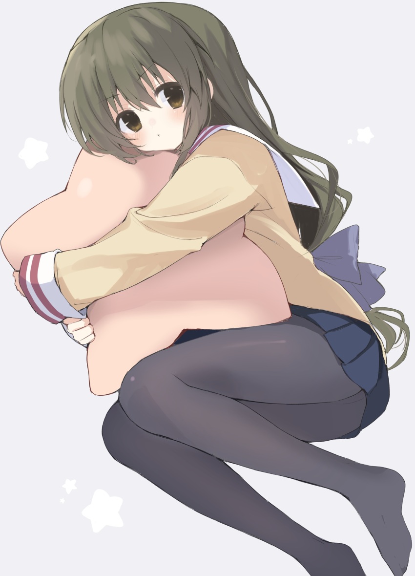 1girl :&lt; absurdres black_pantyhose blazer blue_skirt blush bow brown_eyes brown_hair clannad closed_mouth commentary dutch_angle foot_out_of_frame frown grey_background hair_between_eyes hair_bow highres hikarizaka_private_high_school_uniform hugging_object ibuki_fuuko jacket knees_together_feet_apart knees_up long_hair looking_at_viewer low-tied_long_hair lying miniskirt no_shoes on_side pantyhose pleated_skirt purple_bow sailor_collar school_uniform serafuku simple_background skirt sleeves_past_wrists solo star_(symbol) stuffed_star takepoison v-shaped_eyebrows very_long_hair white_sailor_collar yellow_jacket