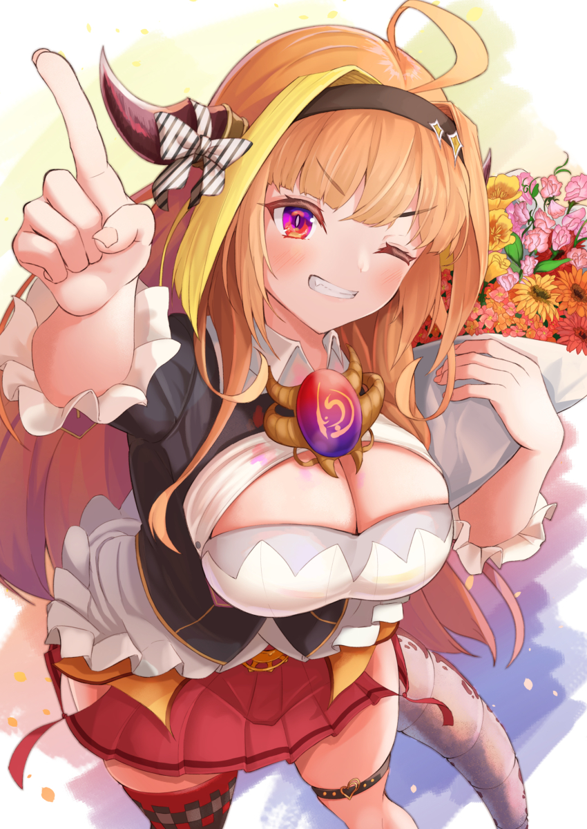 1girl absurdres ahoge black_jacket blonde_hair blush bouquet breasts cleavage cleavage_cutout closed_mouth clothing_cutout collared_shirt dragon_girl dragon_horns dragon_tail flower highres holding holding_bouquet hololive horns jacket kiryu_coco kiryu_coco_(1st_costume) large_breasts looking_at_viewer multicolored_hair nyoon orange_hair pointing pointing_at_viewer purple_eyes red_skirt red_thighhighs shirt single_thighhigh skirt smile solo streaked_hair tail thigh_strap thighhighs virtual_youtuber white_background white_shirt