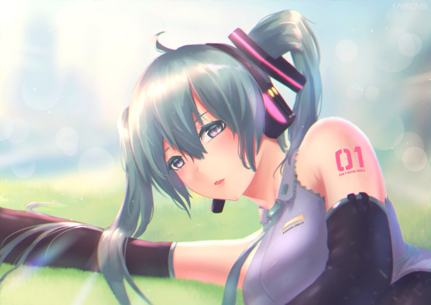 1girl :o absurdly_long_hair anniversary aqua_eyes aqua_hair artist_name artist_request bare_shoulders blue_eyes blue_hair blurry blurry_background breasts collared_shirt female_focus grass hatsune_miku headphones headset highres karkovb152 long_hair looking_at_viewer lying medium_breasts parted_lips shirt solo twintails very_long_hair vocaloid