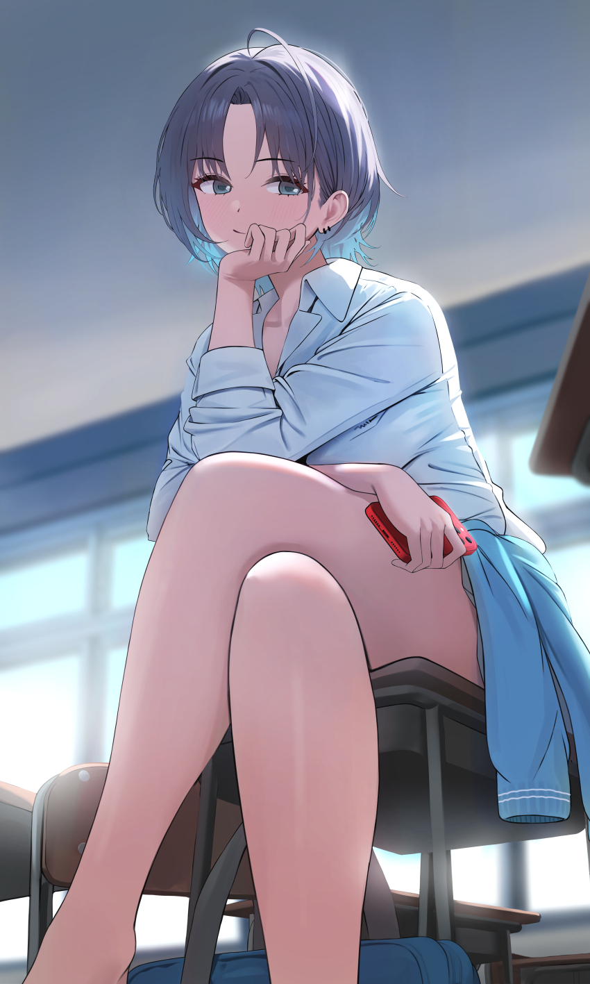 1girl absurdres ahoge aqua_hair asakura_toru bare_legs blue_cardigan blush cardigan cardigan_around_waist cellphone chair clothes_around_waist commentary crossed_legs desk earrings feet_out_of_frame gradient_hair highres holding holding_phone idolmaster idolmaster_shiny_colors indoors jewelry multicolored_hair on_desk pdal_(pdalhhh) phone purple_hair school_chair school_desk school_uniform shirt short_hair sitting smile solo white_shirt