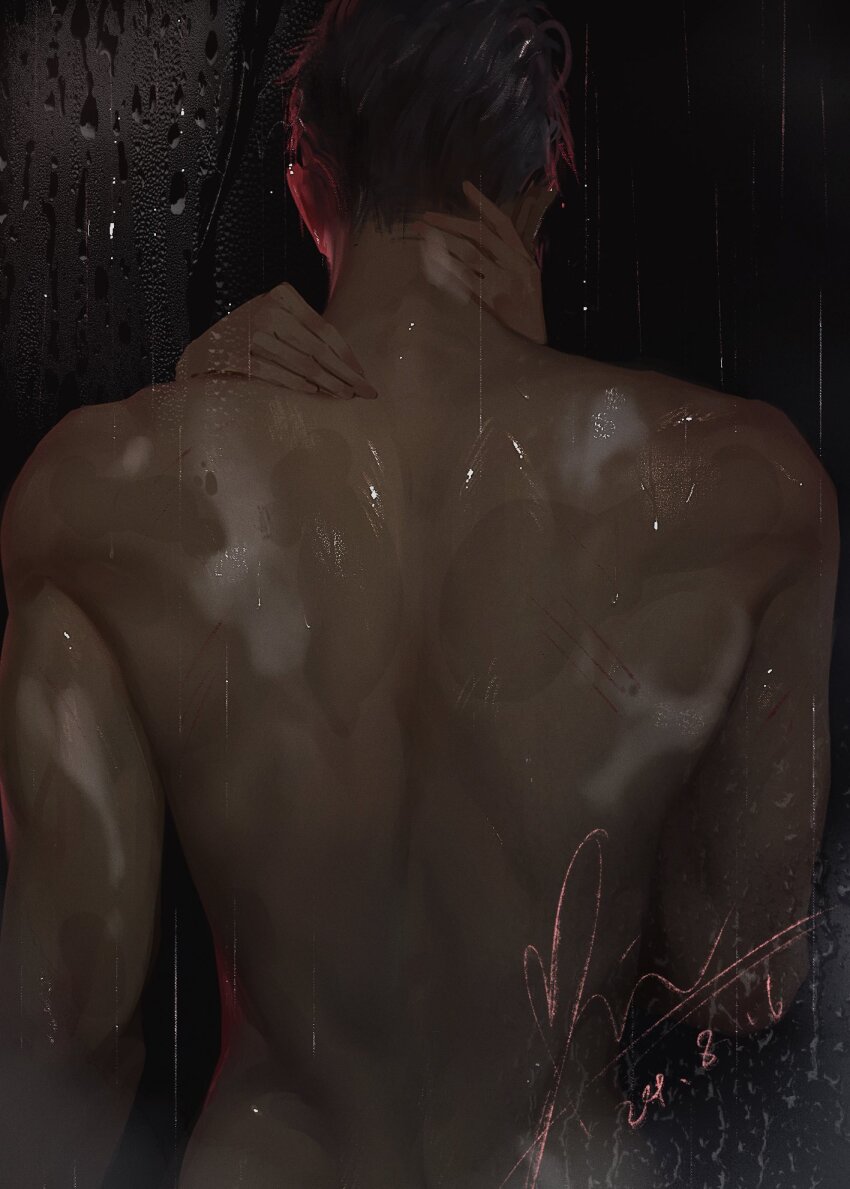 1boy 1girl back condensation couple from_behind grey_hair hetero highres love_and_deepspace male_focus minmin0802 out_of_frame short_hair solo_focus standing sylus_(love_and_deepspace) topless_male upper_body water_drop