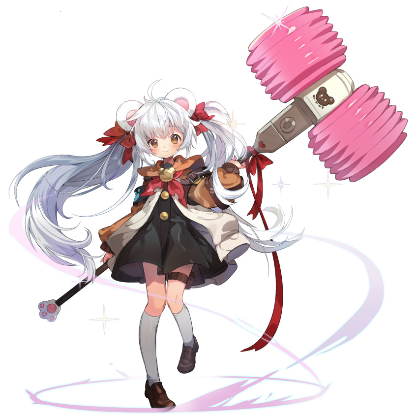 1girl absurdres ahoge animal_ears arm_belt armband bear_ears bear_girl belt_buckle black_dress blush brown_eyes brown_footwear buckle buttons closed_mouth dot_nose dress fake_animal_ears fluffy_hair full_body hair_ribbon hammer highres holding holding_hammer holster light_smile loafers long_hair long_sleeves looking_at_viewer neckerchief oversized_object polar_(tricster) pouch red_neckerchief red_ribbon ribbon shoes sidelocks socks solo sparkle thigh_pouch toy_hammer trickster_(ntreev_soft) twintails very_long_hair wavy_hair white_hair white_socks yetti