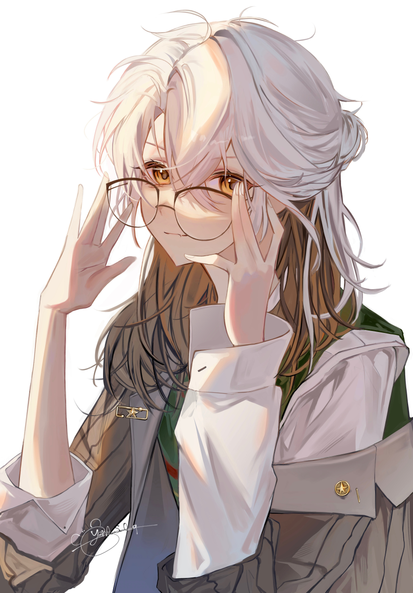 1other absurdres adjusting_eyewear brown_hair colored_inner_hair fang glasses hair_between_eyes highres long_hair looking_at_viewer medicine_pocket multicolored_hair official_alternate_costume reverse:1999 signature single_off_shoulder skin_fang solo white_hair yellow_eyes yena_s