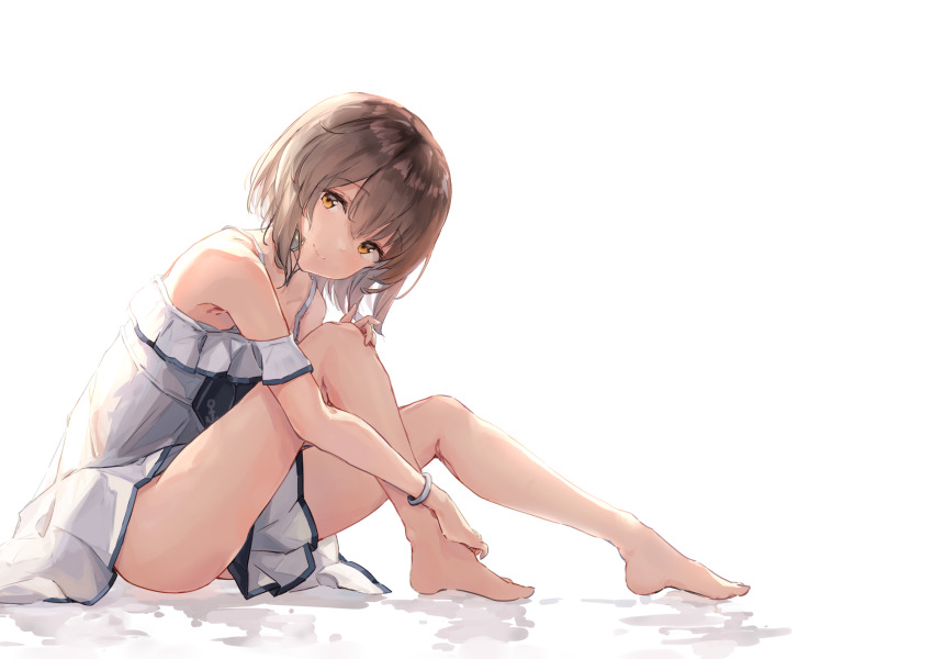 1girl anchor_symbol aruka bangle bare_legs barefoot bracelet brown_hair closed_mouth dress full_body hair_between_eyes highres jewelry kantai_collection looking_at_viewer orange_eyes short_hair simple_background sitting solo speaking_tube_headset white_background white_dress yukikaze_(kancolle)