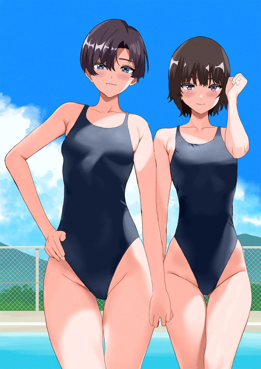 2girls black_hair blue_eyes blue_one-piece_swimsuit blush breasts closed_mouth commentary_request day fence hand_on_own_hip highres kinomiki looking_at_viewer medium_breasts multiple_girls one-piece_swimsuit original outdoors pool purple_eyes short_hair small_breasts standing swimsuit