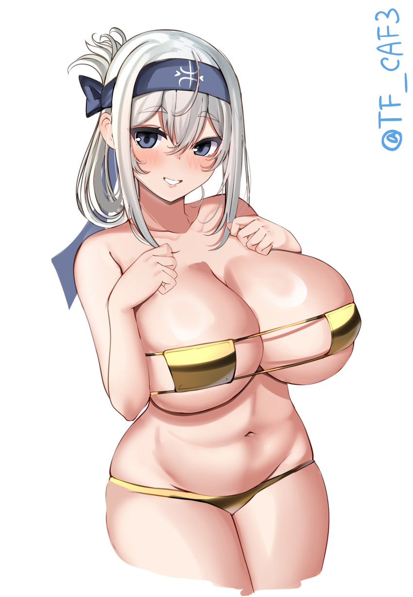 1girl bikini blue_headband blush breasts cleavage commentary_request cowboy_shot eyepatch_bikini gold_bikini grey_eyes grin hair_between_eyes hands_on_own_chest headband highres huge_breasts kamoi_(kancolle) kantai_collection looking_at_viewer medium_hair navel one-hour_drawing_challenge simple_background smile solo swimsuit tf_cafe white_background