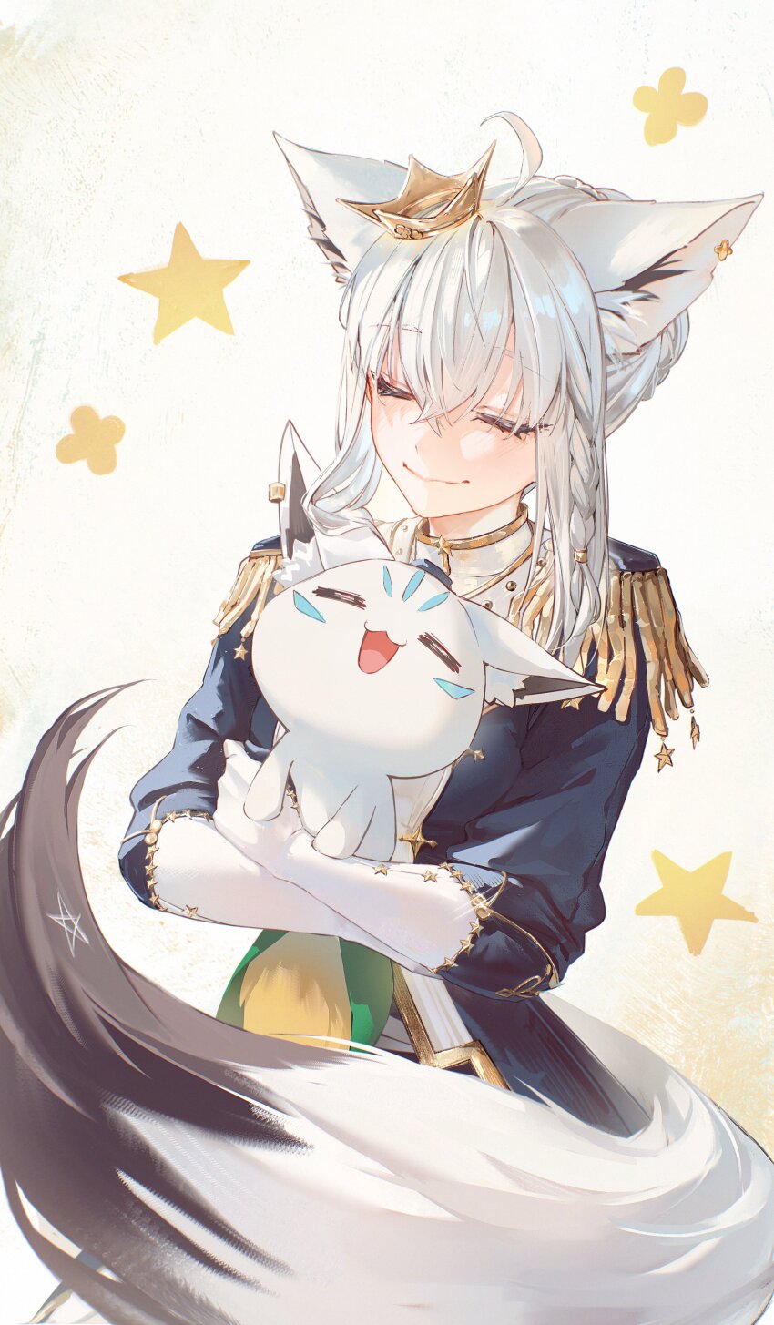 1girl absurdres ahoge animal_ears braid closed_eyes commentary crown earrings epaulettes formal_clothes fox_ears fox_girl fox_tail gloves highres hololive hug hyde_(tabakko) jewelry long_hair mini_crown official_alternate_costume shirakami_fubuki shirakami_fubuki_(fbkingdom) single_earring smile solo sukonbu_(shirakami_fubuki) symbol-only_commentary tail virtual_youtuber white_hair