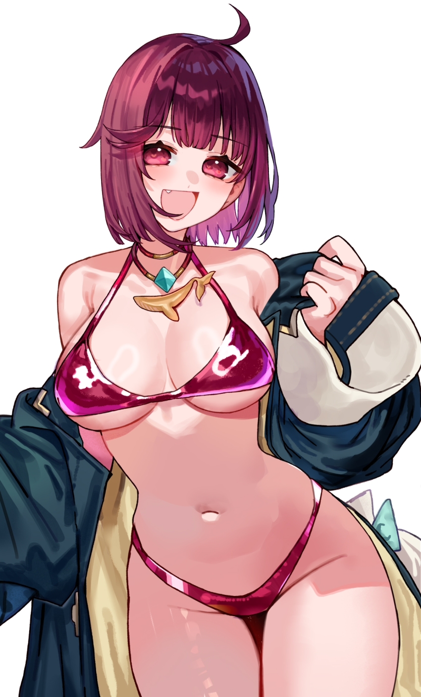 1girl ahoge aqua_coat atelier_(series) atelier_sophie bikini blush breasts chinese_commentary coat commentary fang heart heart_in_eye highres jewelry large_breasts long_sleeves looking_at_viewer medium_hair navel necklace open_clothes open_coat open_mouth pink_bikini pink_eyes pink_hair ryuuno6 simple_background smile solo sophie_neuenmuller stomach swimsuit symbol_in_eye thighs whale_ornament white_background wide_sleeves