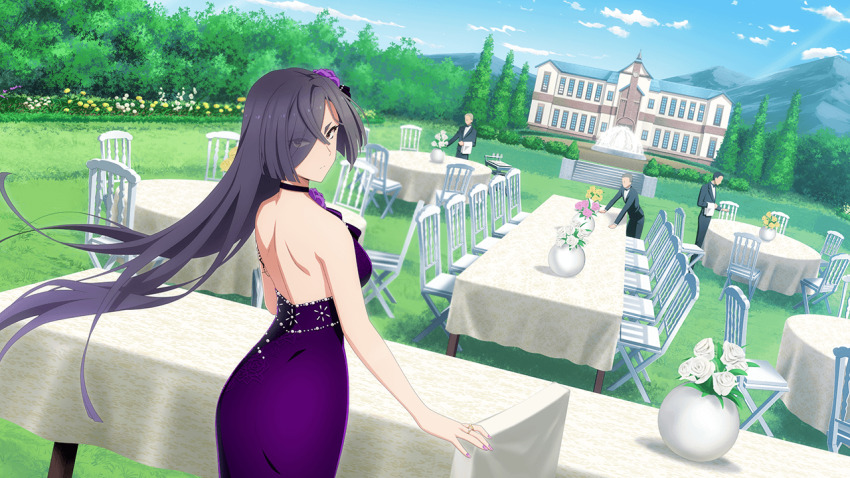 1girl back backless_dress backless_outfit bare_shoulders black_hair blue_sky breasts building chair closed_mouth cloud day dress eyes_visible_through_hair fountain from_behind game_cg hair_over_one_eye long_hair looking_at_viewer looking_back nail_polish non-web_source official_art orange_eyes origami_yukari outdoors people purple_dress sky sleeveless sleeveless_dress solo standing table toji_no_miko toji_no_miko:_kizamishi_issen_no_tomoshibi tree very_long_hair