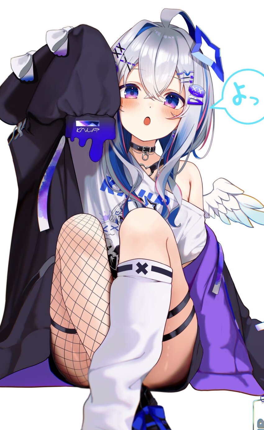 1girl ahoge amane_kanata amane_kanata_(punk_rock) angel angel_wings black_collar black_jacket blue_hair blush breasts buket_pudding_i character_print collar fishnet_thighhighs fishnets grey_hair hair_intakes highres hololive jacket long_sleeves looking_at_viewer official_alternate_costume purple_eyes purple_jacket self_character_print shirt short_hair sleeves_past_fingers sleeves_past_wrists small_breasts socks thigh_strap thighhighs two-sided_fabric two-sided_jacket virtual_youtuber white_shirt white_socks wings