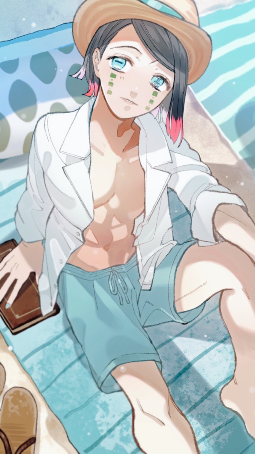 1boy abs alternate_universe arm_support bare_legs beach beach_mat blue_male_swimwear blue_nails blue_swim_trunks book brown_hat contemporary day drawstring dress_shirt enmu_(kimetsu_no_yaiba) facial_mark feet_out_of_frame flip-flops from_above hat highres horizontal_pupils kimetsu_no_yaiba knee_up long_sleeves looking_at_viewer looking_up male_focus male_swimwear mihashi_(re4_glo) mismatched_pupils multicolored_hair nail_polish navel open_clothes open_shirt outstretched_arm pectorals pink_hair sandals shirt short_hair sitting sleeves_rolled_up solo streaked_hair swim_trunks swimsuit text_in_eyes toned toned_male white_shirt