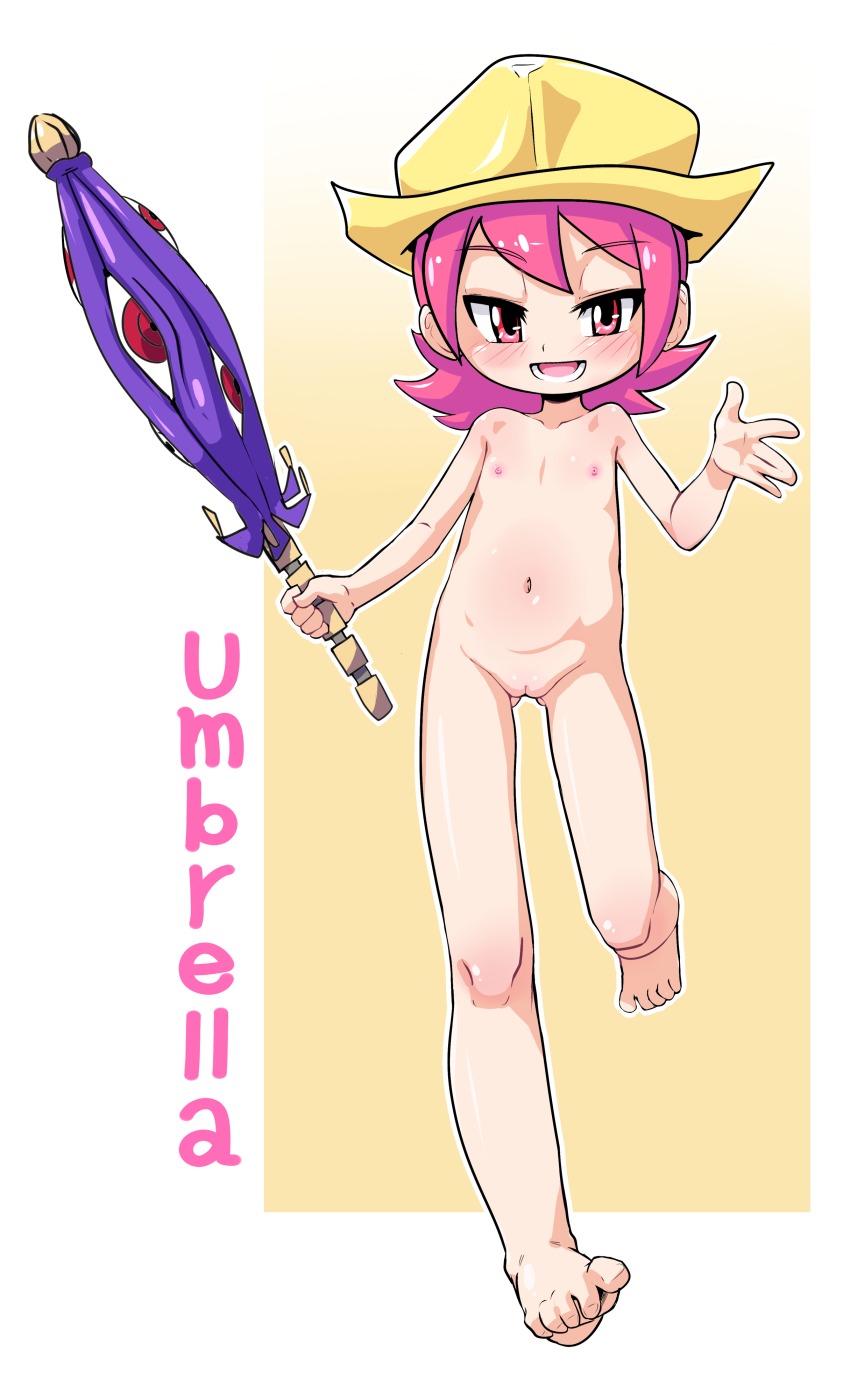1girl :d absurdres barefoot bichosan blush character_name cleft_of_venus feet female_focus flat_chest full_body hat highres holding holding_umbrella looking_at_viewer navel nipples nude open_mouth pink_eyes pink_hair pussy short_hair skullgirls smile solo toes umbrella umbrella_(skullgirls) uncensored walking