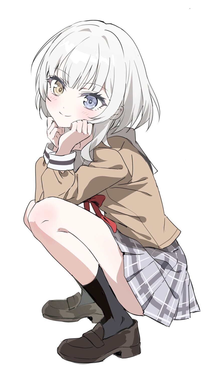 1girl bang_dream! bang_dream!_it&#039;s_mygo!!!!! black_socks blue_eyes blush brown_footwear brown_shirt closed_mouth commentary grey_skirt ground_pound_(gupaaaa) hanasakigawa_school_uniform hashtag-only_commentary heterochromia highres kaname_raana loafers long_sleeves looking_at_viewer neck_ribbon plaid_clothes plaid_skirt pleated_skirt red_ribbon ribbon school_uniform serafuku shirt shoes simple_background skirt socks solo squatting white_background yellow_eyes