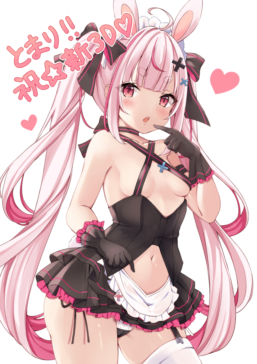 1girl ahoge animal_ears black_gloves black_ribbon blunt_bangs blush breasts commentary_request gloves hair_ornament hair_ribbon highres indie_virtual_youtuber long_hair looking_at_viewer medium_breasts navel pink_eyes pink_hair rabbit_ears ribbon rikotan simple_background single_thighhigh solo thick_eyebrows thighhighs thighs tomari_mari twintails very_long_hair virtual_youtuber white_background white_thighhighs x_hair_ornament