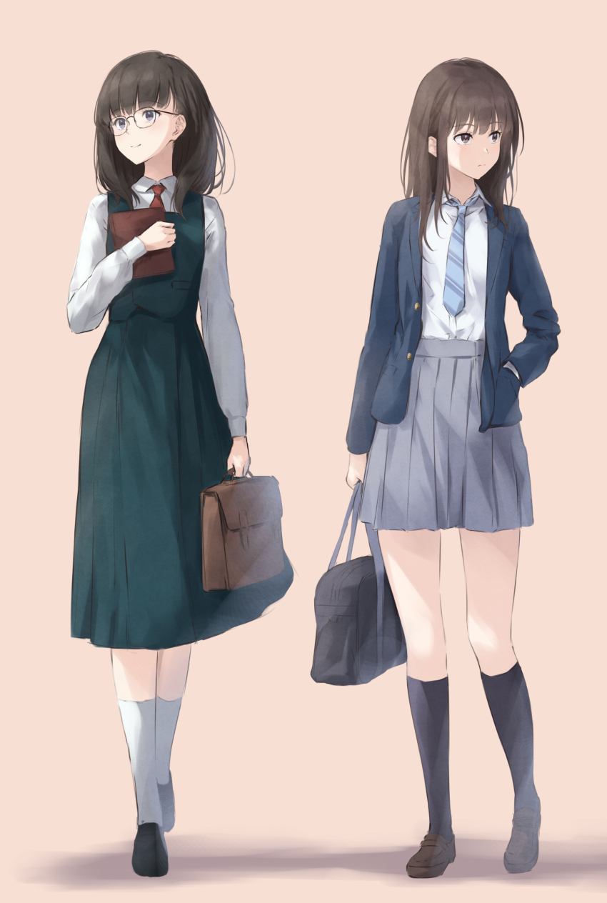 2girls absurdres bag black_footwear blue_dress blue_jacket blue_necktie blue_socks book brown_background brown_eyes brown_footwear brown_hair cherry_blossoms closed_mouth collared_shirt commentary_request dress full_body glasses grey_skirt hand_in_pocket highres holding holding_bag holding_book jacket long_hair long_sleeves multiple_girls necktie nuenue original pleated_skirt purple_eyes red_necktie school_bag school_uniform shirt sidelocks simple_background skirt smile socks standing white_shirt white_socks