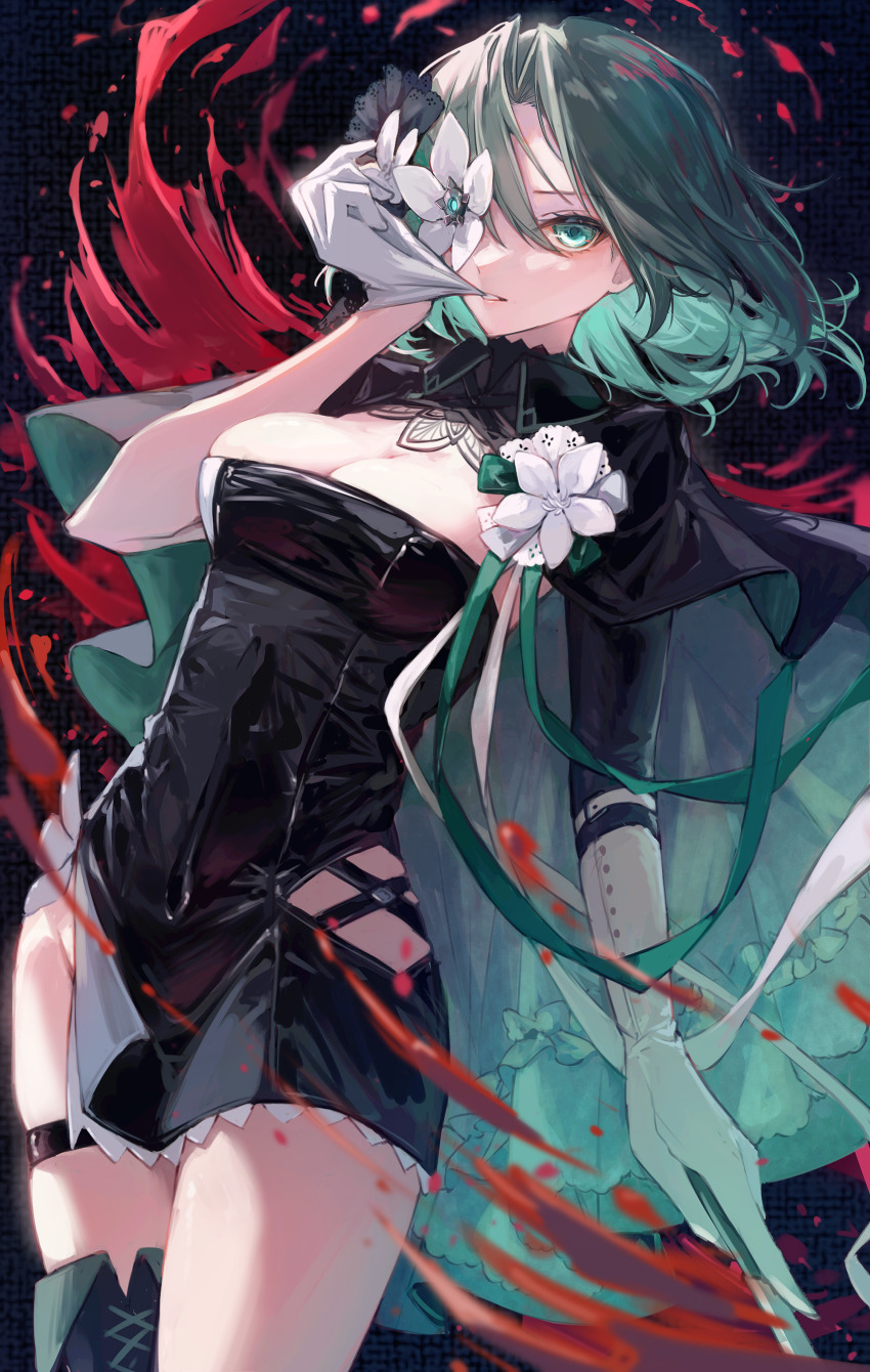 1girl absurdres aqua_eyes aqua_flower aqua_hair arcaea black_cape blood blood_splatter breasts cape cleavage commentary dress_flower expressionless eyelashes flower flower_on_face flower_over_eye glove_in_mouth gloves green_eyes green_hair hair_between_eyes highres looking_at_viewer medium_hair mouth_hold pia_nano saya_(arcaea) shiny_clothes solo standing white_flower white_gloves