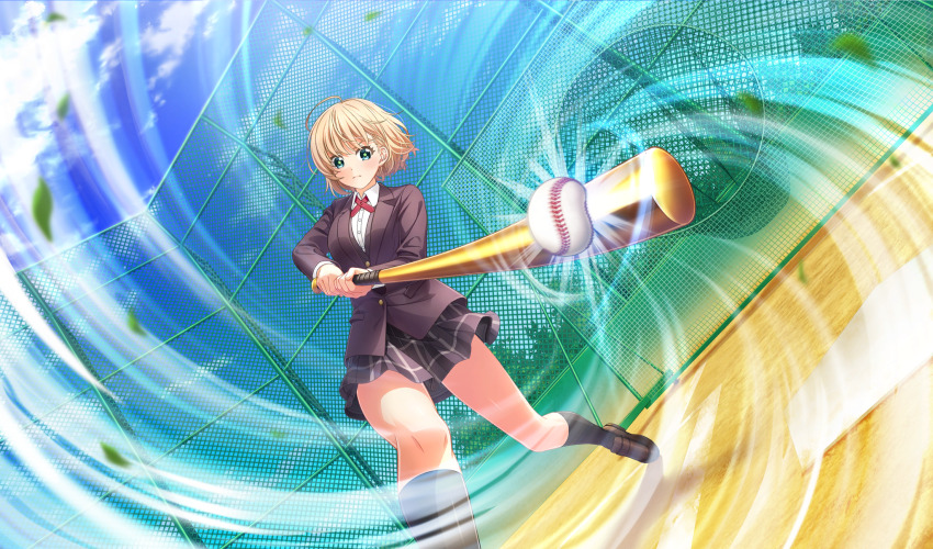 1girl ahoge baseball baseball_(object) baseball_bat baseball_stadium black_jacket black_skirt black_socks blazer blonde_hair brown_footwear chain-link_fence cinderella_series closed_mouth cloud collared_shirt dutch_angle emphasis_lines falling_leaves fence foot_out_of_frame game_cg green_eyes hachigatsu_no_cinderella_nine highres holding holding_baseball_bat jacket leaf loafers long_sleeves looking_at_object metal_baseball_bat motion_blur net nishinomiya_arisu non-web_source official_art outdoors plaid_clothes plaid_skirt playing_sports pleated_skirt school_uniform shirt shoes short_hair skirt sky socks solo star_(symbol) star_in_eye symbol_in_eye v-shaped_eyebrows white_shirt wind