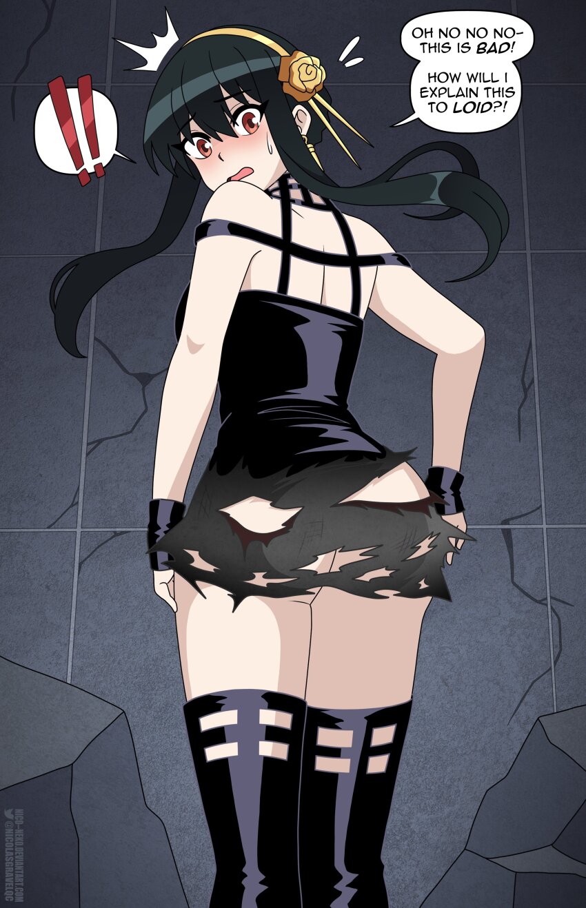 ! 1girl ^^^ absurdres ass bare_shoulders black_dress black_gloves black_hair blush boots crack cracked_wall dress earrings failure flower flower_hairband flying_sweatdrops gloves gold_earrings gold_hairband hairband highres jewelry long_hair narrow_waist nico-neko open_mouth pale_skin red_eyes rose sidelocks solo spoken_exclamation_mark spy_x_family stone_wall surprised sweatdrop thigh_boots torn_clothes yellow_flower yellow_rose yor_briar