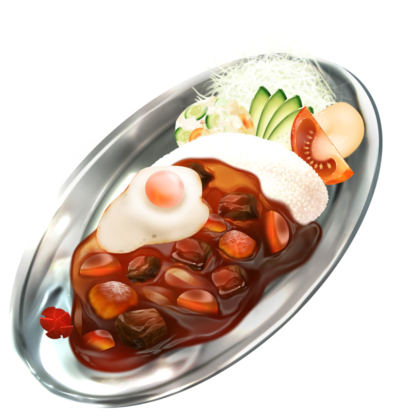 absurdres carrot cucumber cucumber_slice curry egg food food_focus highres meat no_humans original plate poached_egg rice sauce short208 tomato tomato_slice transparent_background