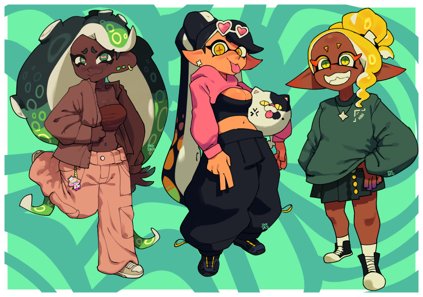 +_+ 3girls alternate_costume baggy_pants black_hair black_pants blonde_hair breasts brown_shirt callie_(splatoon) cleavage cleavage_cutout clothing_cutout commentary cropped_hoodie dark-skinned_female dark_skin domino_mask ear_piercing earrings edie_crop_hoodie frye_(splatoon) gradient_hair green_eyes green_hair green_shirt green_skirt grey_footwear heart heart-shaped_eyewear highres inkling inktaru jewelry large_breasts long_hair long_sleeves looking_at_viewer marina_(splatoon) mask meme_attire midriff mole mole_under_eye multicolored_hair multiple_girls navel necklace nintendo octoling pants parted_lips piercing pink-tinted_eyewear pleated_skirt pointy_ears shirt shoes skirt smile splatoon_(series) splatoon_1 splatoon_2 splatoon_3 standing strapless suction_cups tentacle_hair tinted_eyewear tongue tongue_out tube_top very_dark_skin very_long_hair white_pants wide_shot yellow_eyes