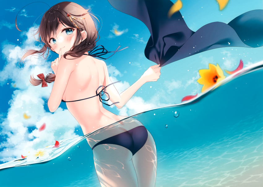 1girl absurdres ahoge ass bare_arms bare_shoulders bikini blue_eyes blue_sky blush brown_hair butt_crack closed_mouth cloud cloudy_sky day flower from_behind highres holding jewelry kantai_collection long_hair looking_back naoto_(tulip) ocean outdoors partially_submerged petals ring scan shigure_(kancolle) sky smile solo swimsuit thighs water