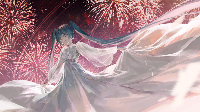 1girl absurdly_long_hair absurdres aerial_fireworks closed_eyes closed_mouth dress facing_viewer fireworks floating_hair hair_between_eyes hair_ribbon hatsune_miku highres long_dress long_hair long_sleeves red_ribbon red_sky ribbon rsef see-through_clothes see-through_sleeves sky solo spread_legs twintails very_long_hair vocaloid white_dress