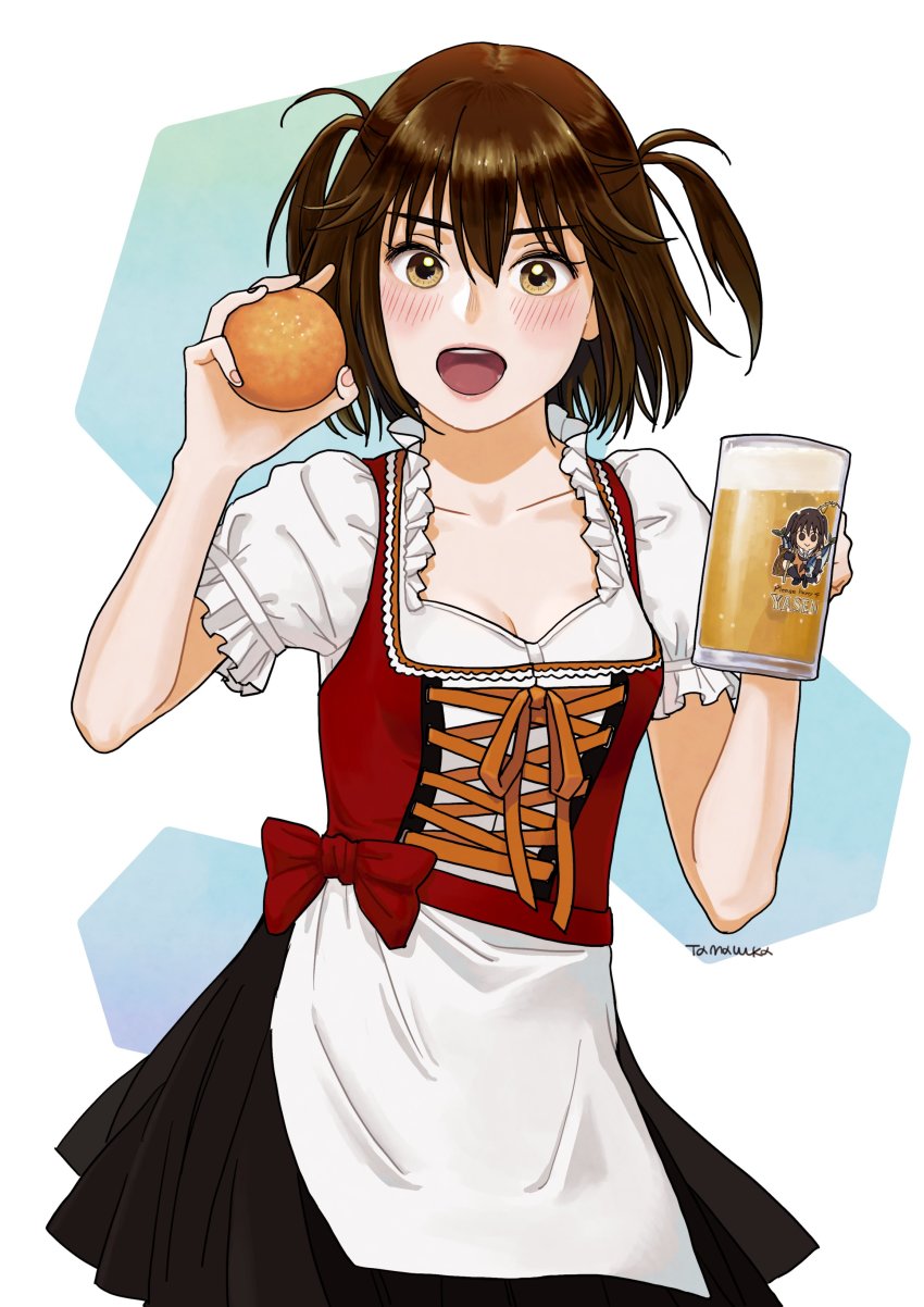 1girl absurdres alcohol beer beer_mug blush brown_eyes brown_hair commentary cup dirndl food fruit german_clothes hair_between_eyes highres holding kantai_collection lips looking_at_viewer medium_hair mug open_mouth orange_(fruit) sendai_(kancolle) solo symbol-only_commentary twitter_username two_side_up yoshizawa_tamae