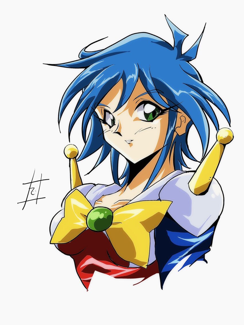 1girl allenby_beardsley blue_bodysuit blue_hair blush bodysuit breasts commentary_request g_gundam green_eyes gundam highres looking_at_viewer mecha_pilot_suit medium_breasts mobile_trace_suit multicolored_bodysuit multicolored_clothes red_bodysuit short_hair signature sind_ngmhn28 skin_tight smile solo upper_body white_background