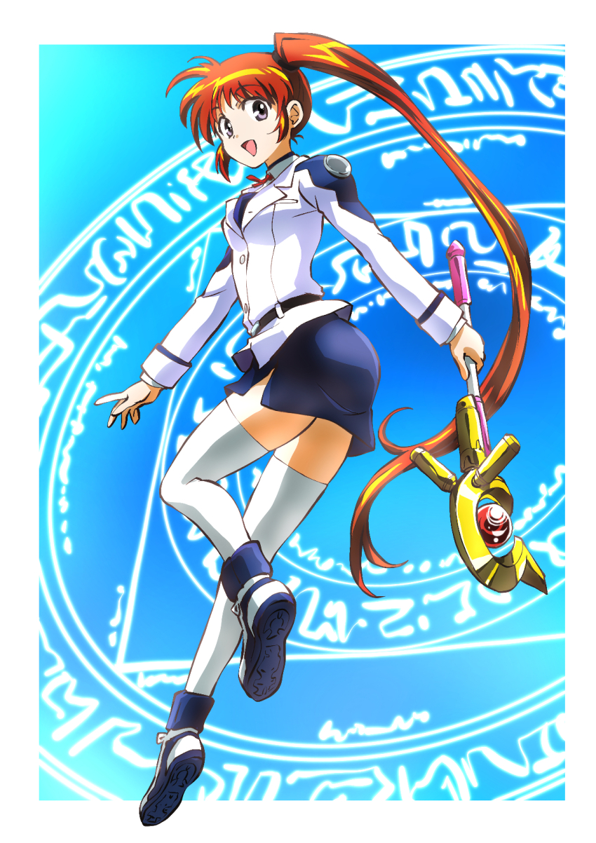 1girl :d blue_skirt border brown_eyes brown_hair floating_hair highres holding holding_staff jacket long_hair long_sleeves lyrical_nanoha magic_circle mahou_shoujo_lyrical_nanoha_strikers miniskirt neck_ribbon open_mouth pencil_skirt red_ribbon ribbon side_ponytail side_slit skirt smile solo staff taiga_hiroyuki takamachi_nanoha thighhighs very_long_hair white_border white_jacket white_thighhighs zettai_ryouiki