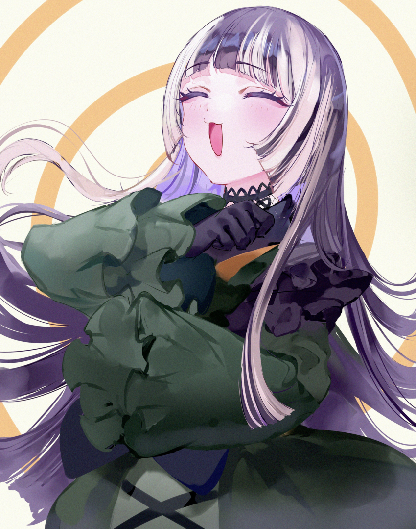 1girl :d ^_^ absurdres black_gloves black_hair blonde_hair blush choker closed_eyes commentary english_commentary gloves highres hololive hololive_dev_is juufuutei_raden juufuutei_raden_(1st_costume) long_hair mile_(off8mile) multicolored_hair open_mouth smile solo two-tone_hair virtual_youtuber