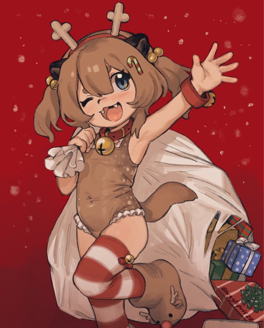 1girl animal_ears bell boots brown_hair candy_cane_hair_ornament child christmas collar fake_antlers fangs food-themed_hair_ornament hair_bobbles hair_ornament highres indie_virtual_youtuber jingle_bell mimi_(ottermil) neck_bell one-piece_swimsuit open_mouth otter_ears otter_tail smile snugglepuff28 swimsuit tail twintails