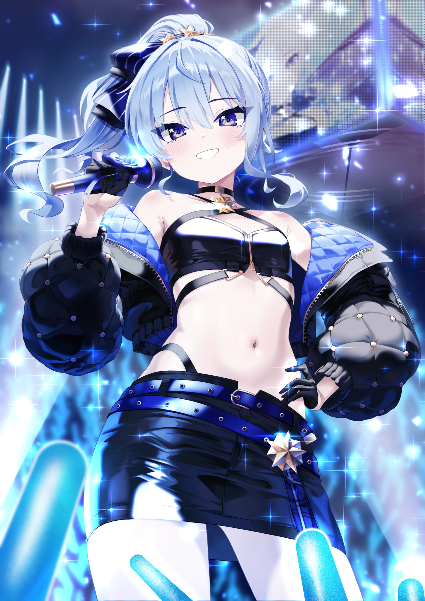 1girl absurdres alternate_costume armpit_crease bare_shoulders belt black_choker black_gloves black_jacket black_shirt black_skirt blue_hair bow breasts brooch choker criss-cross_halter crop_top cropped_jacket down_jacket gloves glowstick grin gyoza_(pixiv17855879) hair_bow half_gloves halterneck hand_on_own_hip hand_up highleg highres holding holding_microphone hololive hoshimachi_suisei idol jacket jewelry long_hair long_sleeves looking_at_viewer microphone midriff miniskirt multiple_belts navel off_shoulder open_clothes open_jacket panty_straps pantyhose pencil_skirt ponytail puffy_long_sleeves puffy_sleeves purple_eyes shiny_clothes shirt skirt sleeveless sleeveless_shirt small_breasts smile solo stomach virtual_youtuber white_pantyhose