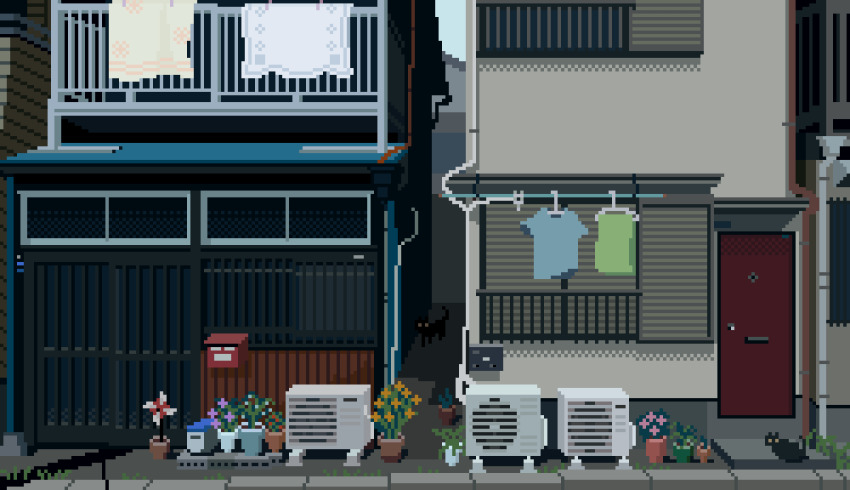 air_conditioner alley alliko6mg animal animated animated_gif building cat door laundry looping_animation no_humans original outdoors pinwheel pixel_art plant potted_plant railing raised_curb unworn_clothes