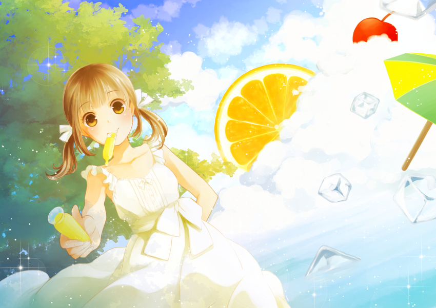 1girl ahira_yuzu brown_eyes brown_hair cherry day dress female_focus food fruit highres ice lemon mouth_hold original short_hair sky smile solo tree twintails umbrella water