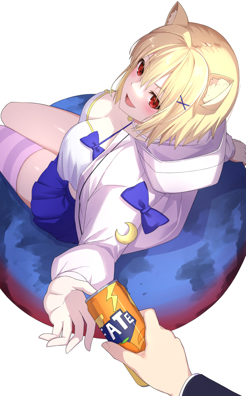 1girl absurdres animal_ear_fluff animal_ears arcueid_brunestud blonde_hair blue_skirt blush bow breasts camisole can cat_ears choker cleavage crescent crescent_hair_ornament crop_top drink_can fate/grand_order fate_(series) hair_ornament highres hood hooded_jacket jacket large_breasts long_sleeves looking_at_viewer miniskirt natu_zame open_mouth phantas-moon phantas-moon_(second_ascension) purple_thighhighs red_eyes short_hair skirt smile soda_can solo_focus striped_clothes striped_thighhighs thighhighs white_camisole white_jacket