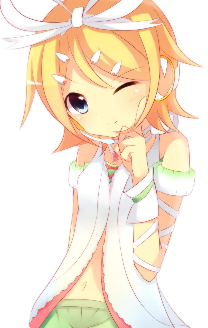 1girl blonde_hair blue_eyes bow female_focus hair_bow hair_ornament hairclip headphones highres kagamine_rin meranoreuka_(naokentak) navel one_eye_closed sleeveless smile solo vocaloid white_bow