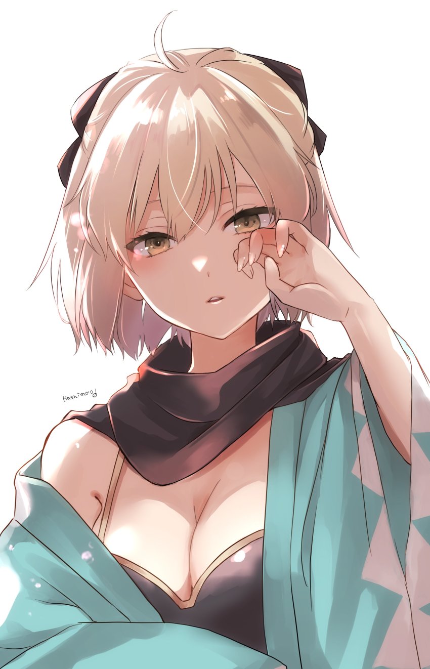 1girl absurdres ahoge artist_name black_scarf blonde_hair bow breasts cleavage fate/grand_order fate_(series) hair_between_eyes hair_bow haori highres japanese_clothes looking_at_viewer medium_breasts off_shoulder okita_souji_(fate) parted_lips raymie0124 rubbing_eyes scarf short_hair sleepy upper_body white_background yellow_eyes