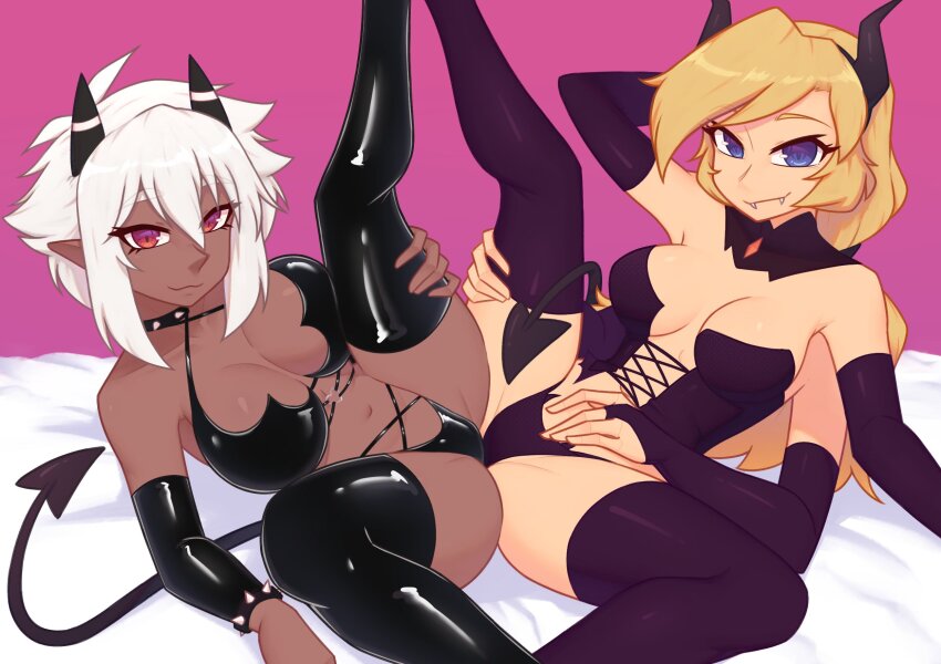 2girls arm_behind_head bare_shoulders black_hairband black_panties black_thighhighs blonde_hair blue_eyes breasts breasts_apart closed_mouth collar dark-skinned_female dark_skin demon_tail detached_collar detached_sleeves extra_arms fangs gradient_background hairband halloween highres horn_hairband horns long_hair looking_at_viewer multiple_girls navel nelly_(xyronii) original panties pointy_ears purple_background red_eyes spiked_collar spiked_sleeves spikes tail thighhighs underwear white_hair xyronii