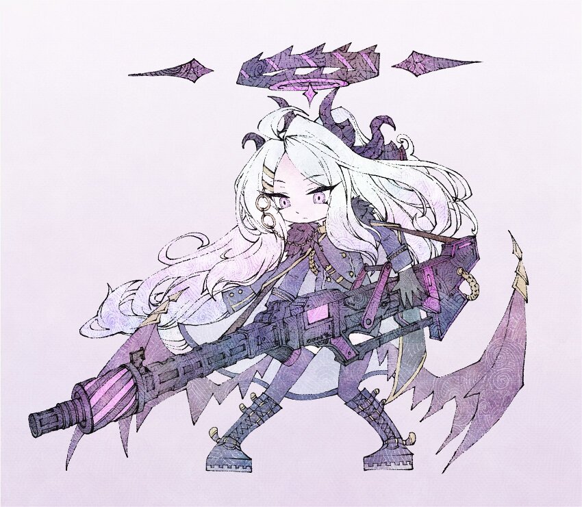 1girl absurdly_long_hair blue_archive boots coat coat_on_shoulders demon_wings expressionless fur_trim hair_ornament halo highres hina_(blue_archive) holding holding_weapon horns jacket long_hair purple_eyes seabearsnake solo thighhighs very_long_hair weapon weapon_request white_hair wings