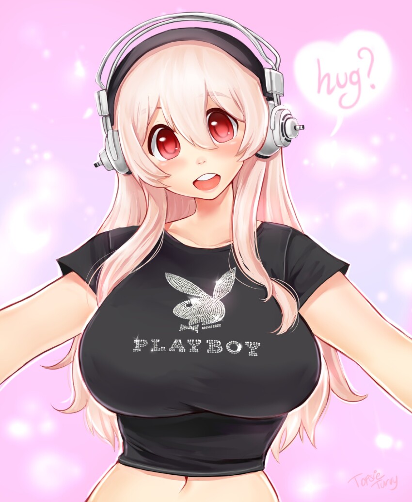 1girl blush breasts headphones highres large_breasts long_hair looking_at_viewer navel nitroplus open_mouth outstretched_arms pink_background pink_eyes pink_hair playboy red_eyes shirt simple_background smile solo sparkle speech_bubble super_sonico tight_clothes tight_shirt topsieturvy