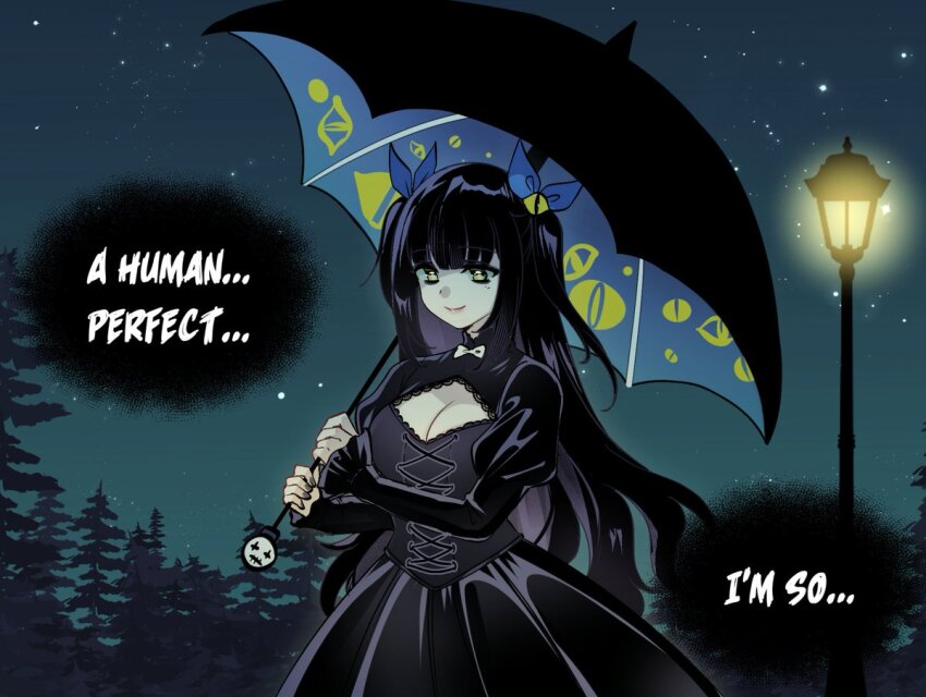 1girl black_dress black_hair blue_bow bow breasts cleavage cleavage_cutout clothing_cutout colored_speech_bubble dress english_text forest goth_fashion holding holding_umbrella long_hair merryweather nail_polish nature night original parasol ryuuxin sky speech_bubble star_(sky) starry_sky twintails umbrella white_bow yellow_eyes