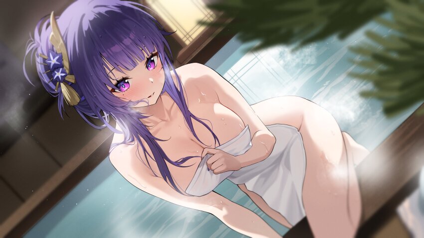 1girl absurdres ayoni_623 blunt_bangs blush breasts cleavage collarbone commentary covering_privates fingernails genshin_impact hair_ornament hand_up highres large_breasts long_hair looking_at_viewer mole mole_under_eye nail_polish nude_cover onsen parted_lips purple_eyes purple_hair purple_nails raiden_shogun reflection solo very_long_hair water