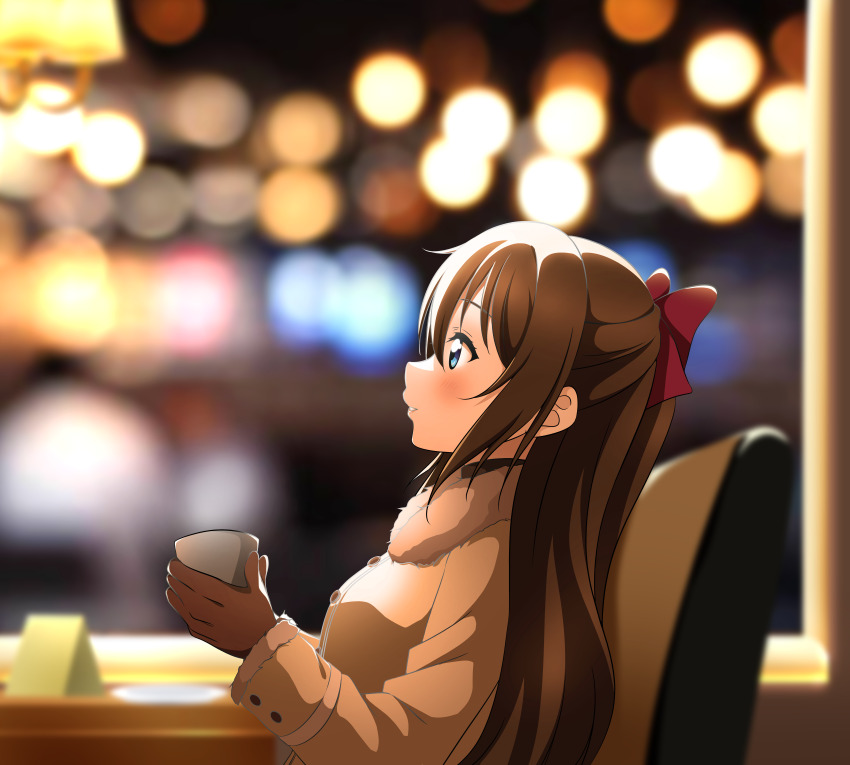 blue_eyes brown_hair coffee indoors kujo_awenn long_hair looking_to_the_side love_live! love_live!_nijigasaki_high_school_idol_club osaka_shizuku sitting smile