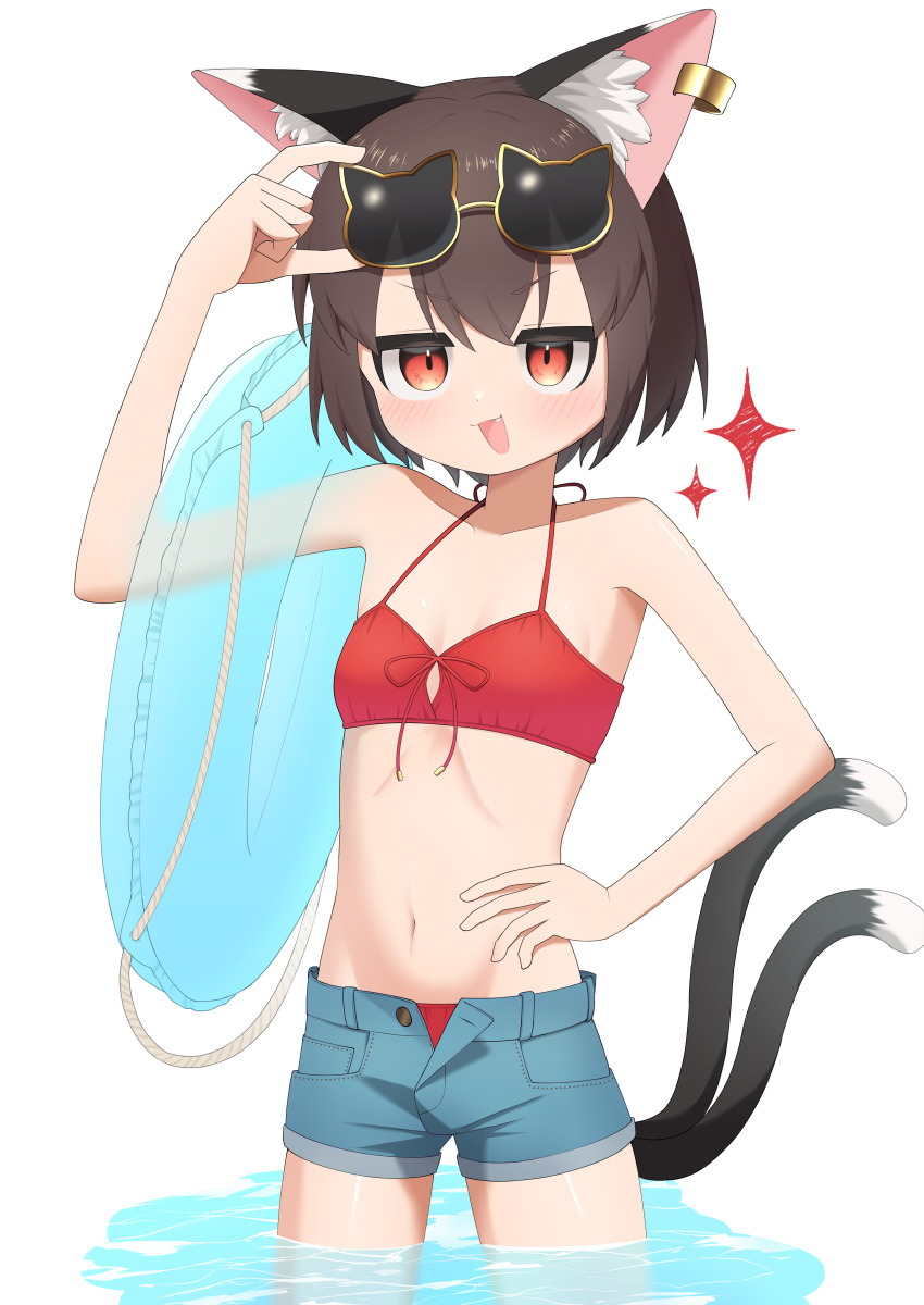 1girl :d absurdres animal_ear_fluff animal_ear_piercing animal_ears arm_up asakura_haru bikini brown_eyes brown_hair cat-shaped_eyewear cat_ears cat_tail chen commentary_request cowboy_shot denim denim_shorts double-parted_bangs earrings fang flat_chest halterneck hand_on_own_hip highres innertube jewelry jitome multiple_tails navel nekomata open_fly open_mouth orange_eyes red_bikini see-through_clothes short_hair short_shorts shorts simple_background single_earring smile solo sparkle swim_ring swimsuit tail touhou two_tails v-shaped_eyebrows wading water white_background