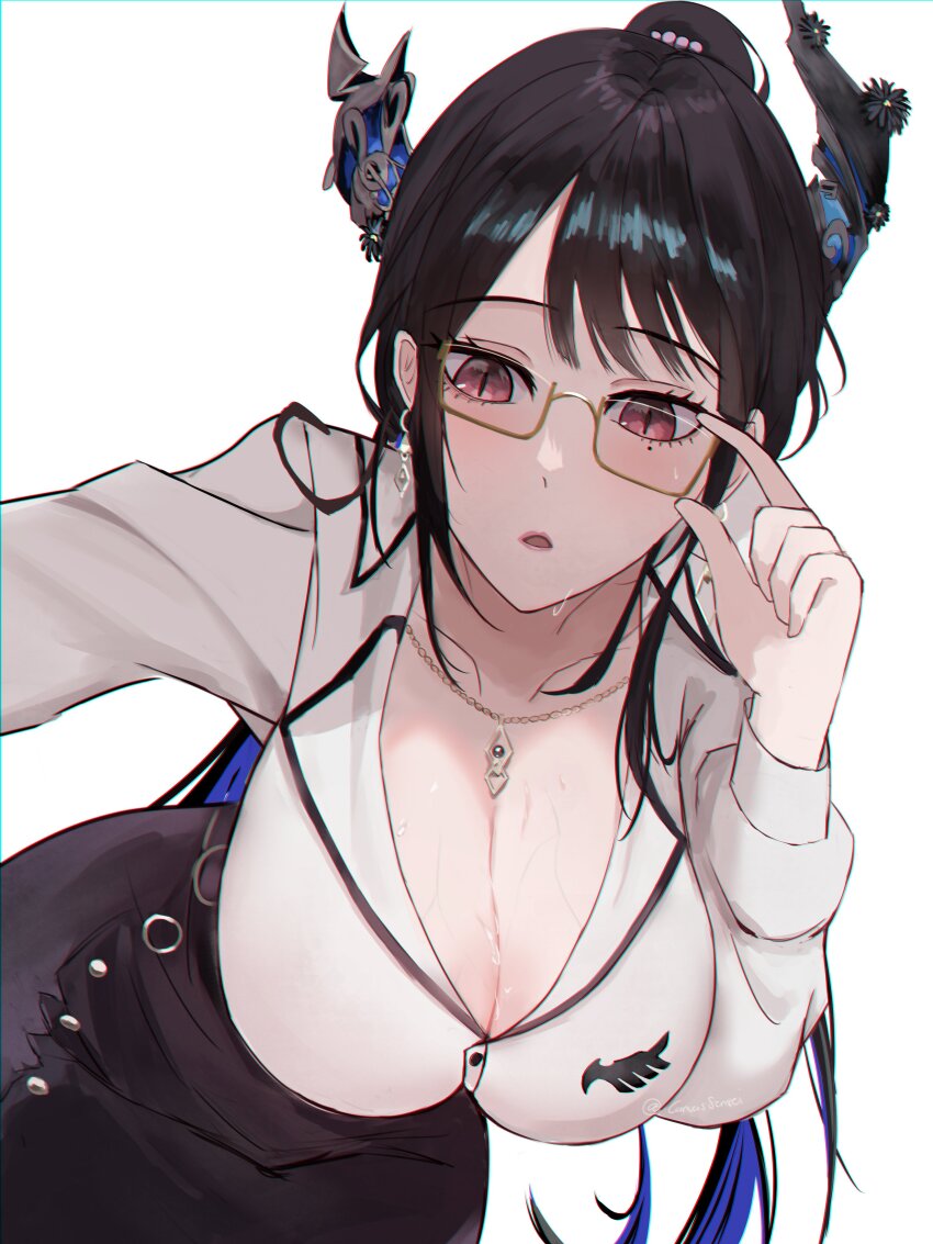 1girl absurdres asymmetrical_horns black_hair black_skirt blue_hair breasts canvas_sensei cleavage demon_horns earrings flower glasses high_ponytail highres hololive hololive_english horn_flower horns jewelry large_breasts long_hair looking_at_viewer mole mole_under_eye multicolored_hair necklace nerissa_ravencroft nerissa_ravencroft_(3rd_costume) office_lady official_alternate_costume open_mouth red_eyes shirt simple_background skirt slit_pupils solo sweat two-tone_hair white_background white_shirt