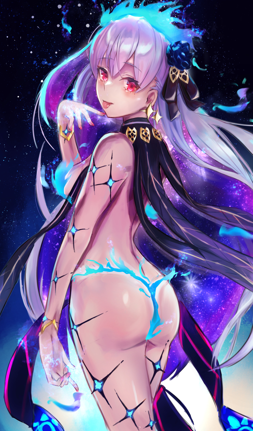 1girl absurdres ass back bare_shoulders blue_fire blue_hair blush body_markings bracelet breasts earrings fate/grand_order fate_(series) fire flower hair_flower hair_ornament hair_ribbon highres jewelry kama_(fate) kama_(swimsuit_avenger)_(fate) kama_(swimsuit_avenger)_(third_ascension)_(fate) klash large_breasts long_hair looking_at_viewer looking_back lotus multicolored_hair nail_polish night night_sky red_eyes revealing_clothes ribbon silver_hair sky smile solo star_(sky) star_(symbol) star_earrings starry_sky thighs tongue tongue_out two-tone_hair